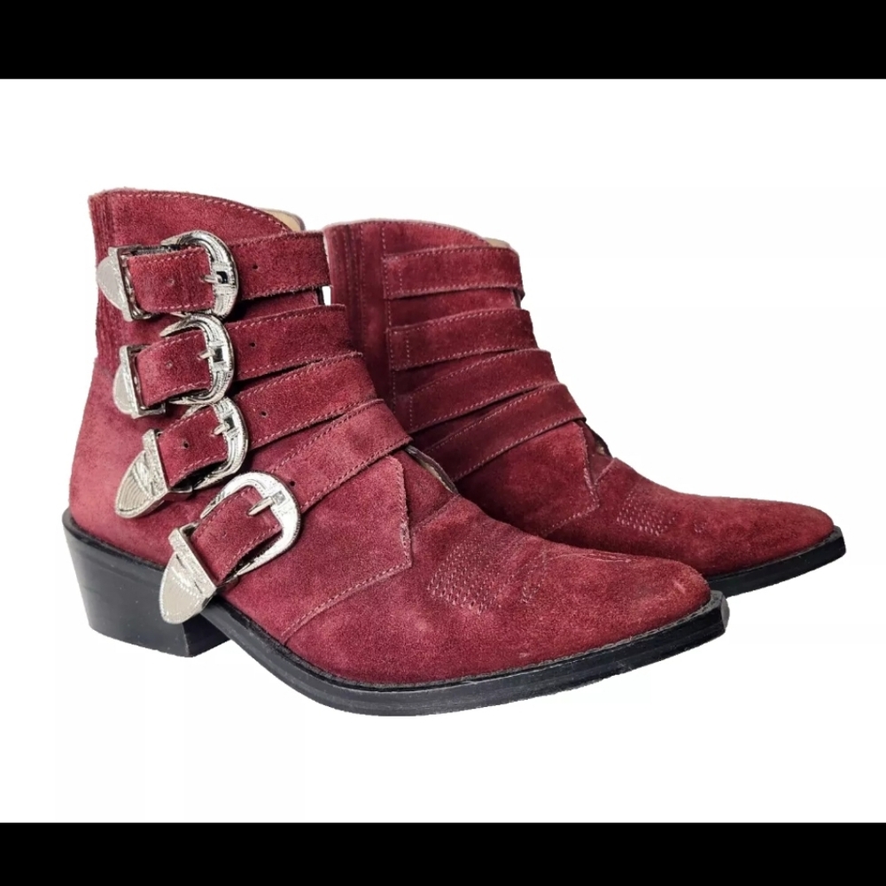 Toga Pulla Burgundy Red Four-Buckle Western Boots Leather Suede GORGEOUS 36 US 6